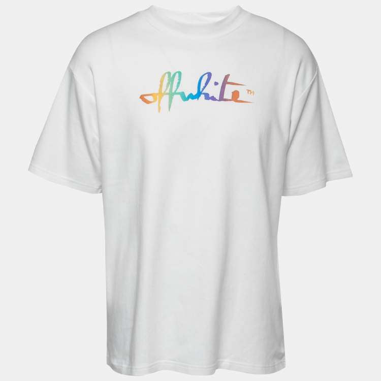 Pre Owned Off-White White Rainbow Script Logo Print Tomboy T-Shirt L  