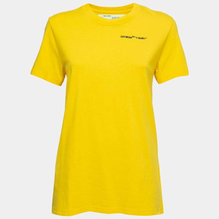 Pre Owned Off-White Yellow Cotton Logo Embroidered Crewneck T-Shirt S