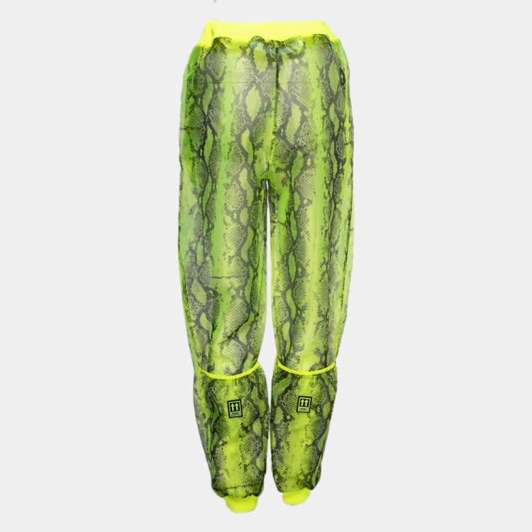 Pre Owned Off-White Neon Yellow Snake Print Tulle Rib Knit Trimmed Joggers M