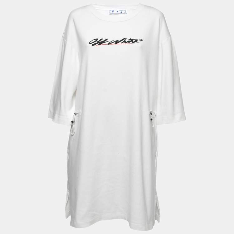 Pre Owned Off-White White Cotton Logo Print T-Shirt Dress L