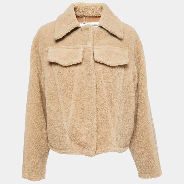 Pre Owned Off-White Beige Faux Fur Denim Trimmed Buttoned Jacket S