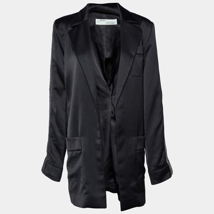 مملوكة مسبقًا Off-White Black Satin Crepe Logo Strip Detail Open Front Long Blazer M