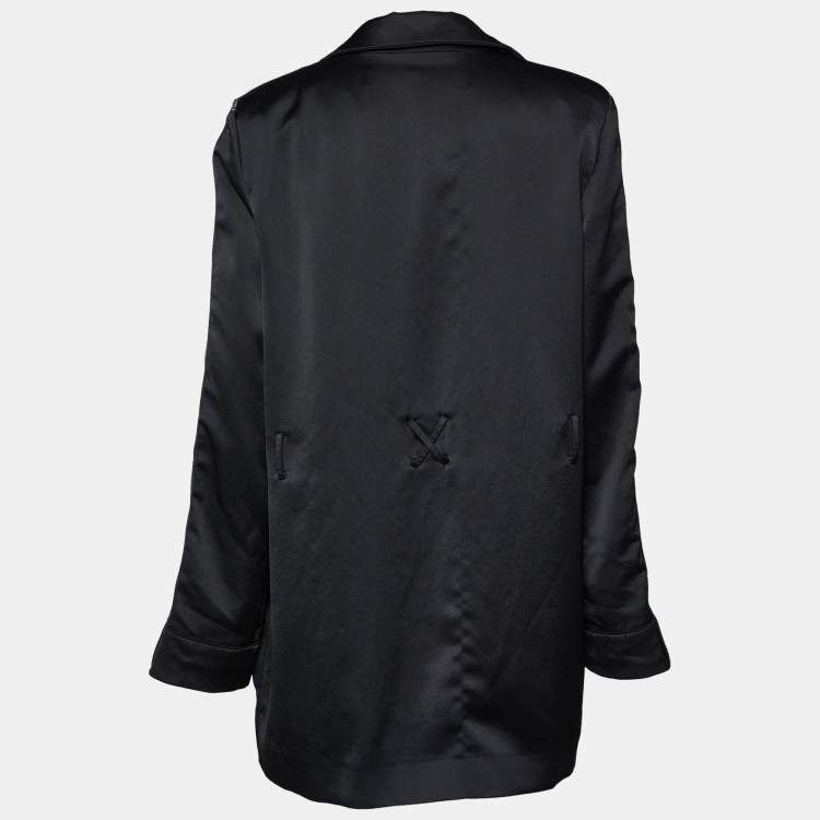 مملوكة مسبقًا Off-White Black Satin Crepe Logo Strip Detail Open Front Long Blazer M