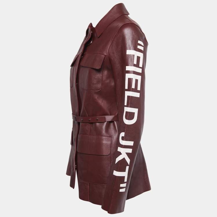 Pre Owned Off-White Burgundy Leather Contrast Printed Sleeve Zip Front Belted Jacket S