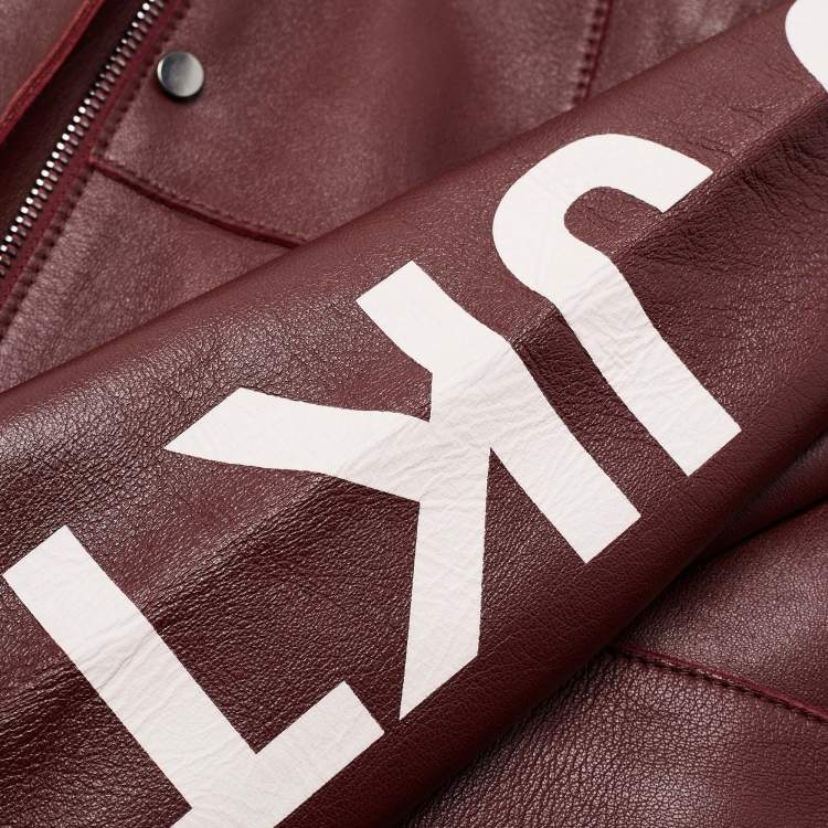 Pre Owned Off-White Burgundy Leather Contrast Printed Sleeve Zip Front Belted Jacket S