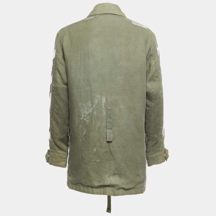 Pre Owned Off-White Green Military Linen Striped Sleeve Detail Zip Front Jacket S