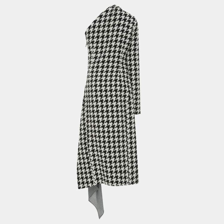 Pre Owned Off-White Black & White Houndstooth Pattern Wool One Shoulder Midi Dress S