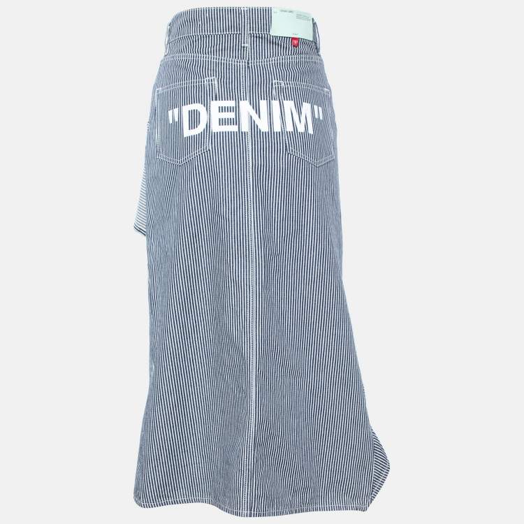 Pre Owned Off-White Navy Blue & White Striped Cotton Asymmetric Hem Skirt S