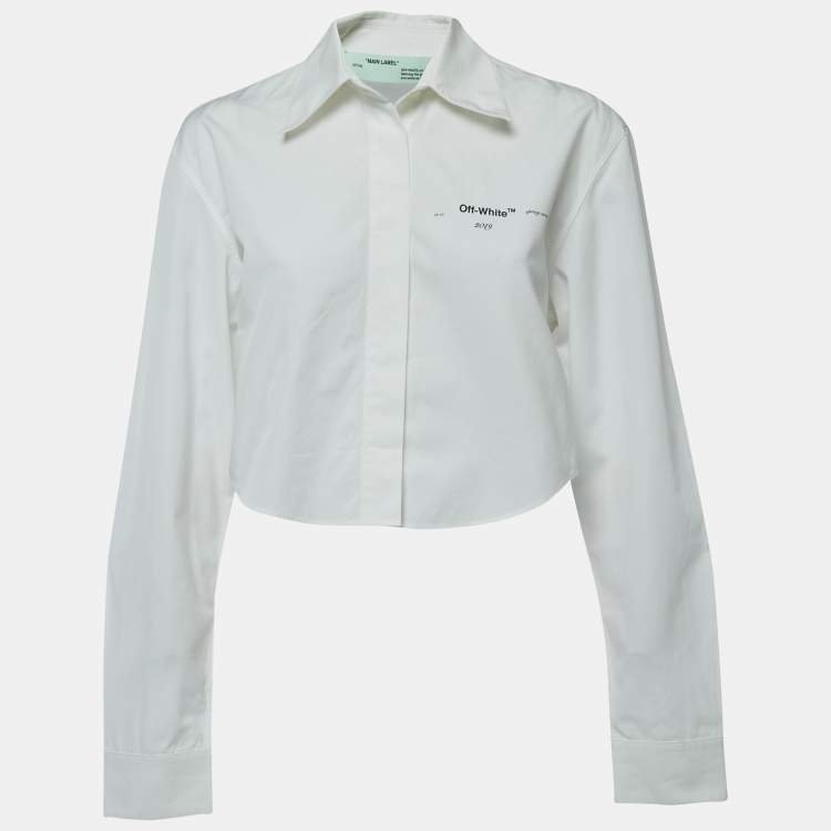 Pre Owned Off-White White Logo Print Cotton Button Front Cropped Full Sleeve Shirt S