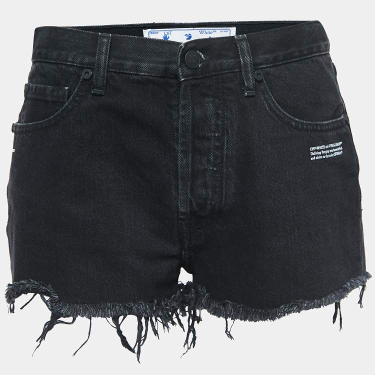 Pre Owned Off-White Black Denim Frayed Shorts S Waist 26"