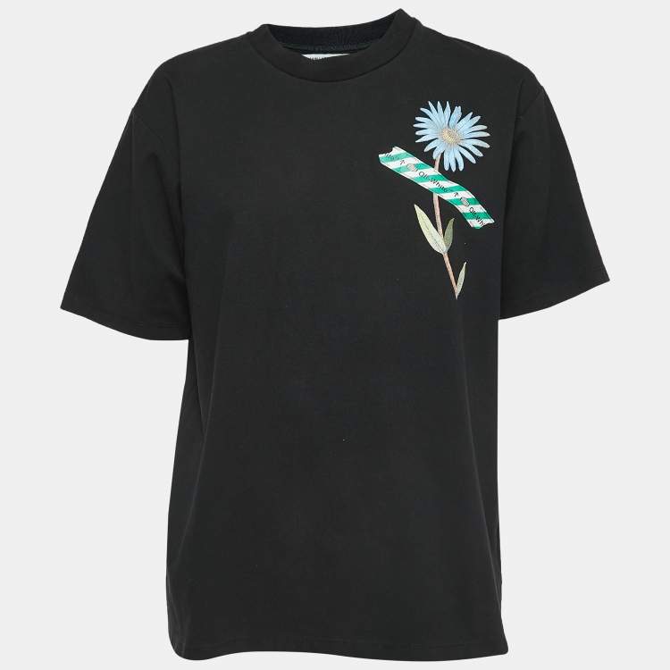 Pre Owned Off-White Black Flower Tape Print Cotton Half Sleeve T-Shirt S