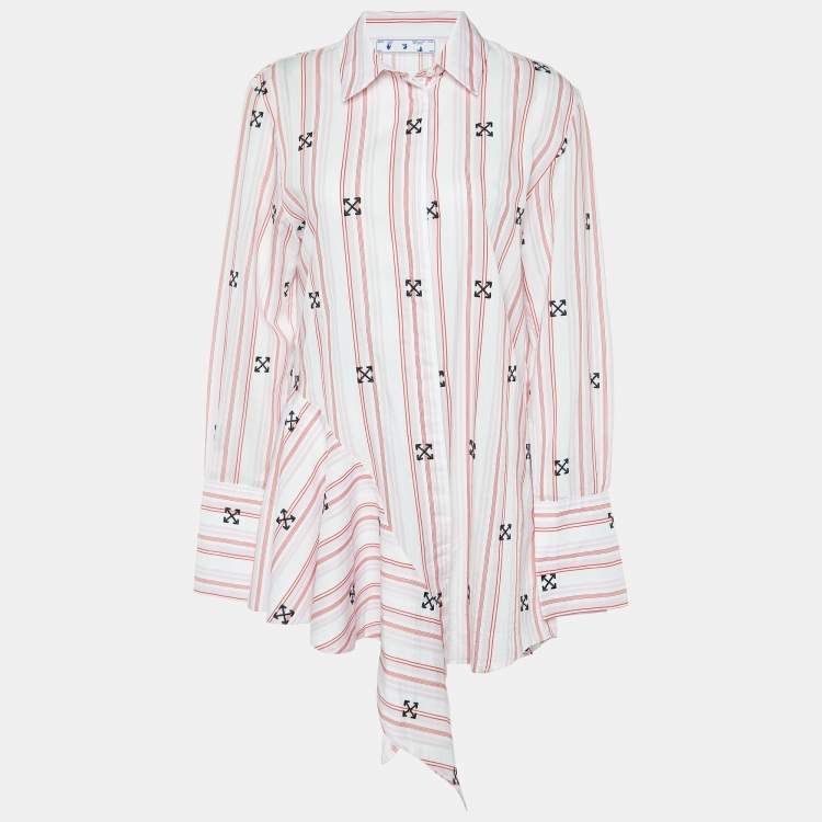 Pre Owned Off-White Pink Striped Logo Embroidered Asymmetric Hem Tunic S
