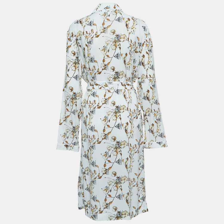 Pre Owned Off-White White Floral Logo Print Crepe Belted Midi Shirt Dress M