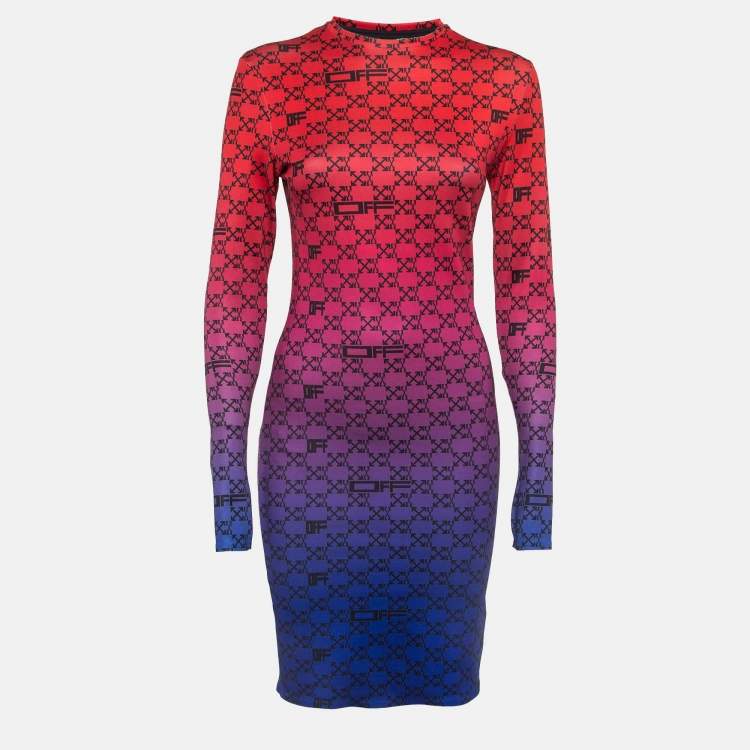 Pre Owned Off-White Multicolor Logo Print Stretch Knit Long Sleeve Mini Dress M