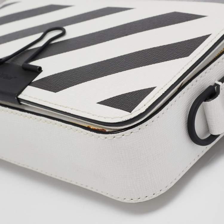 Pre Owned Off-White White/Black Diagonal Print Leather Mini Binder Clip Crossbody Bag