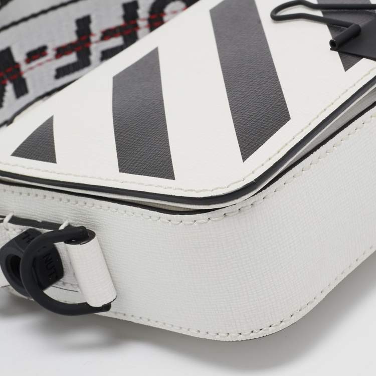 Pre Owned Off-White White/Black Diagonal Print Leather Mini Binder Clip Crossbody Bag