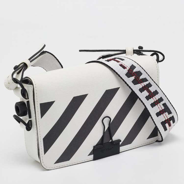 Pre Owned Off-White White/Black Diagonal Print Leather Mini Binder Clip Crossbody Bag