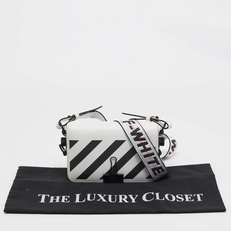 Pre Owned Off-White White/Black Diagonal Print Leather Mini Binder Clip Crossbody Bag