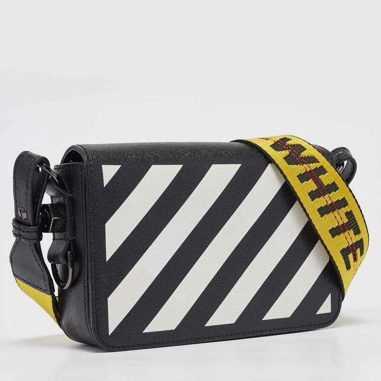 Pre Owned Off-White Black/White Diagonal Print Leather Mini Binder Clip Crossbody Bag