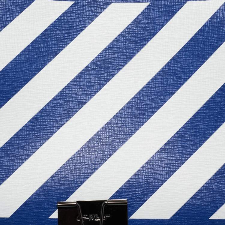 Pre Owned Off-White Blue/White Diagonal Print Leather Binder Clip Crossbody Bag