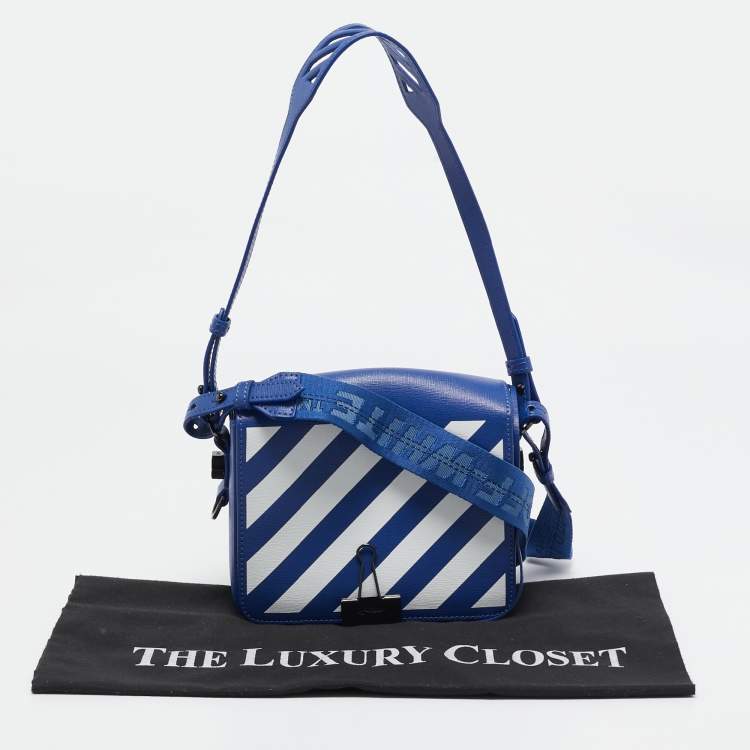 Pre Owned Off-White Blue/White Diagonal Print Leather Binder Clip Crossbody Bag
