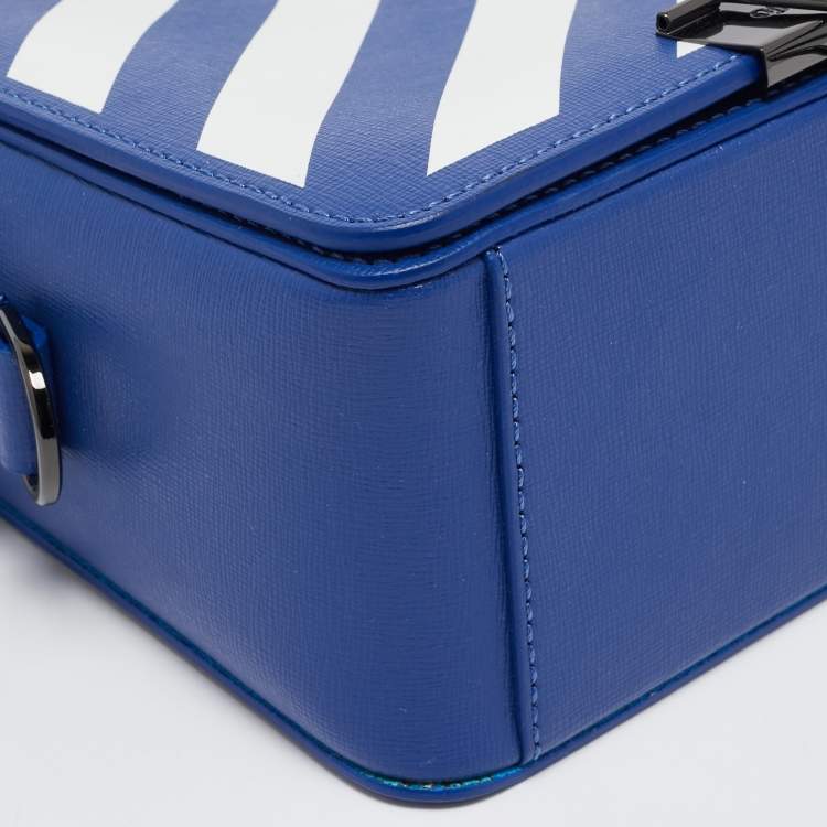 Pre Owned Off-White Blue/White Diagonal Print Leather Binder Clip Crossbody Bag