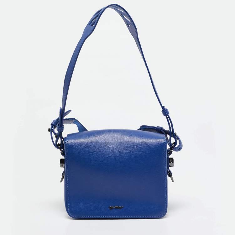 Pre Owned Off-White Blue/White Diagonal Print Leather Binder Clip Crossbody Bag