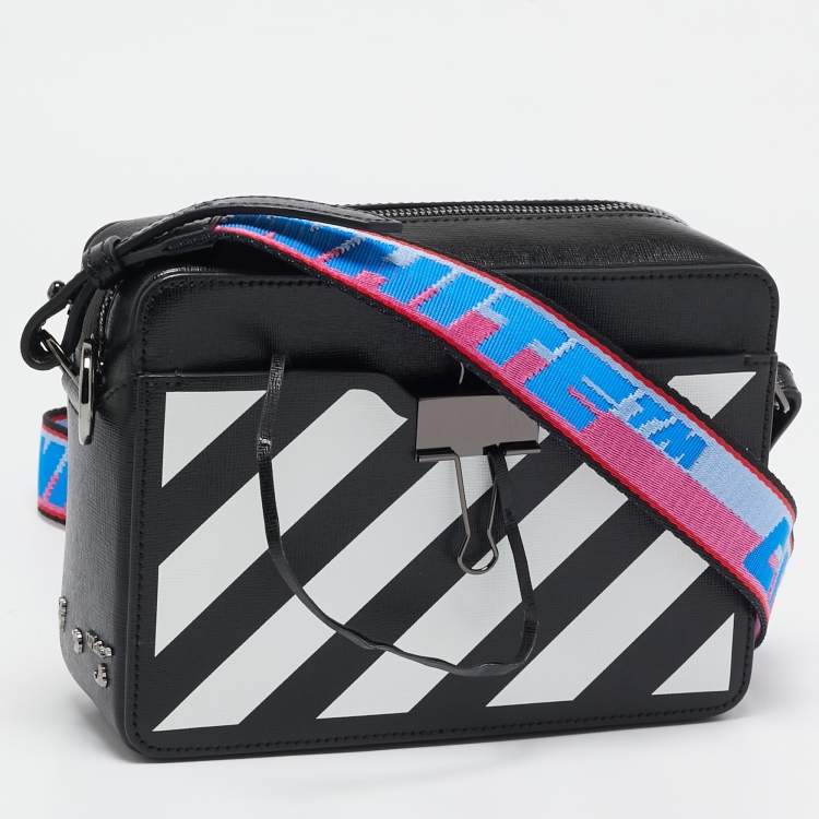 Pre Owned Off-White Blue/White Diagonal Print Leather Binder Clip Camera Bag