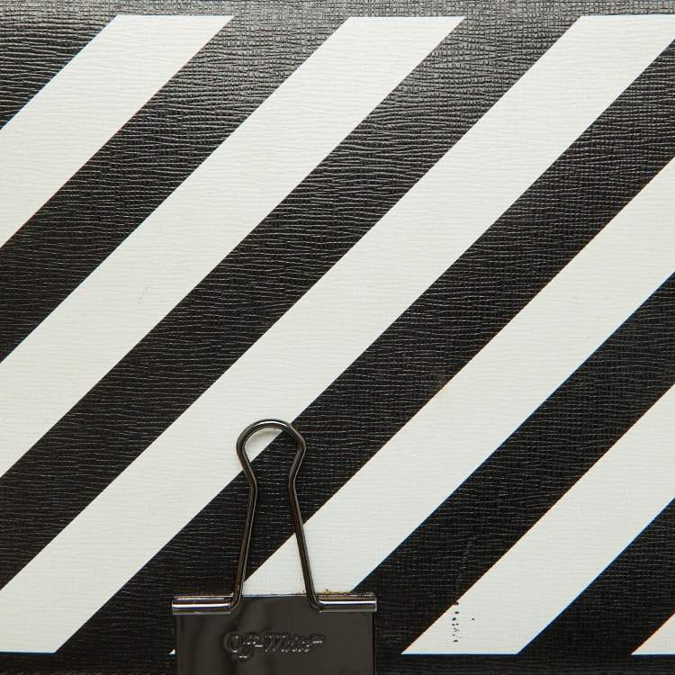 Pre Owned Off-White Black/White Diagonal Print Leather Binder Clip Crossbody Bag