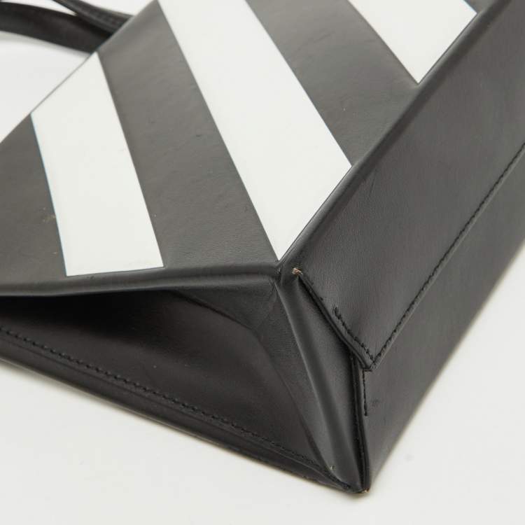 Pre Owned Off-White Black/White Diagonal Striped Leather Tote