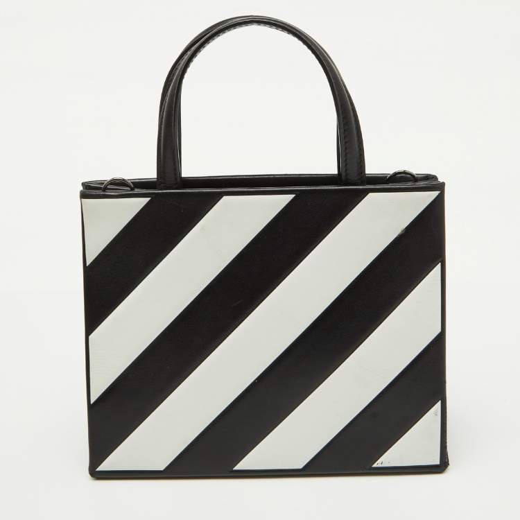 Pre Owned Off-White Black/White Diagonal Striped Leather Tote