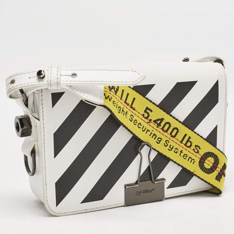 Pre Owned Off-White White/Black Diagonal Print Leather Mini Binder Clip Crossbody Bag