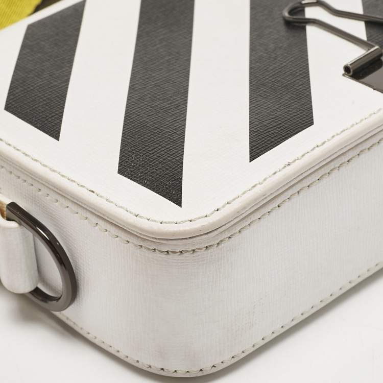 Pre Owned Off-White White/Black Diagonal Print Leather Mini Binder Clip Crossbody Bag