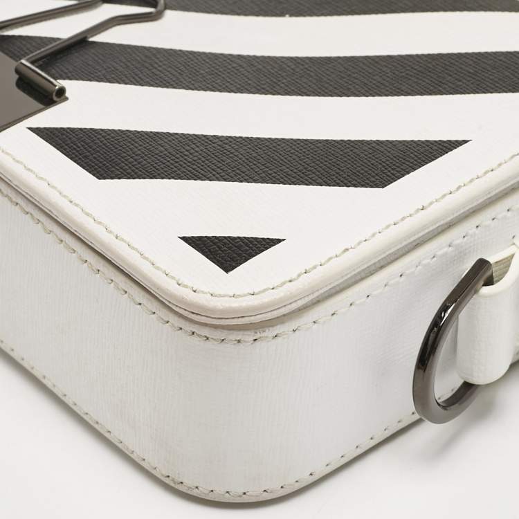 Pre Owned Off-White White/Black Diagonal Print Leather Mini Binder Clip Crossbody Bag
