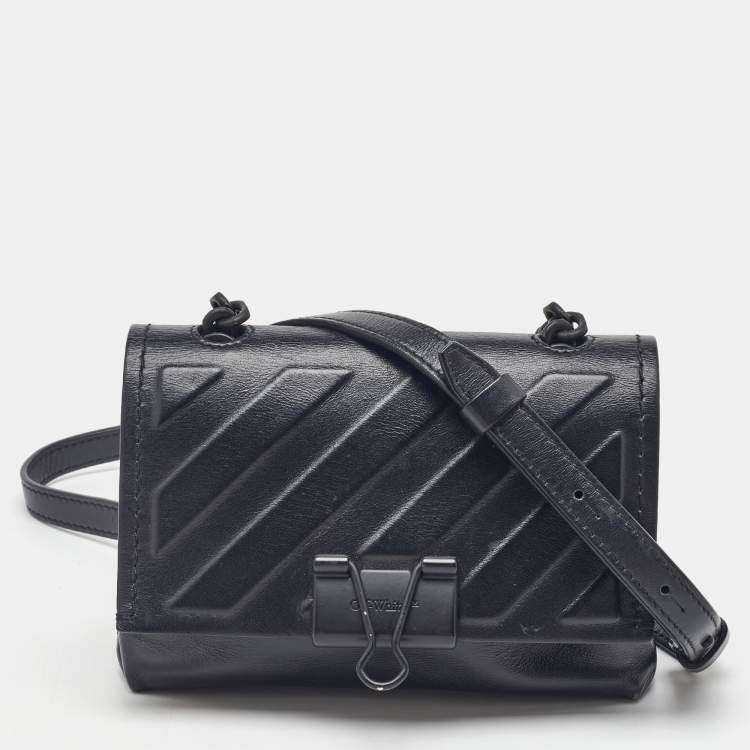 Pre Owned Off-White Black Leather Binder Clip Flap Shoulder Bag