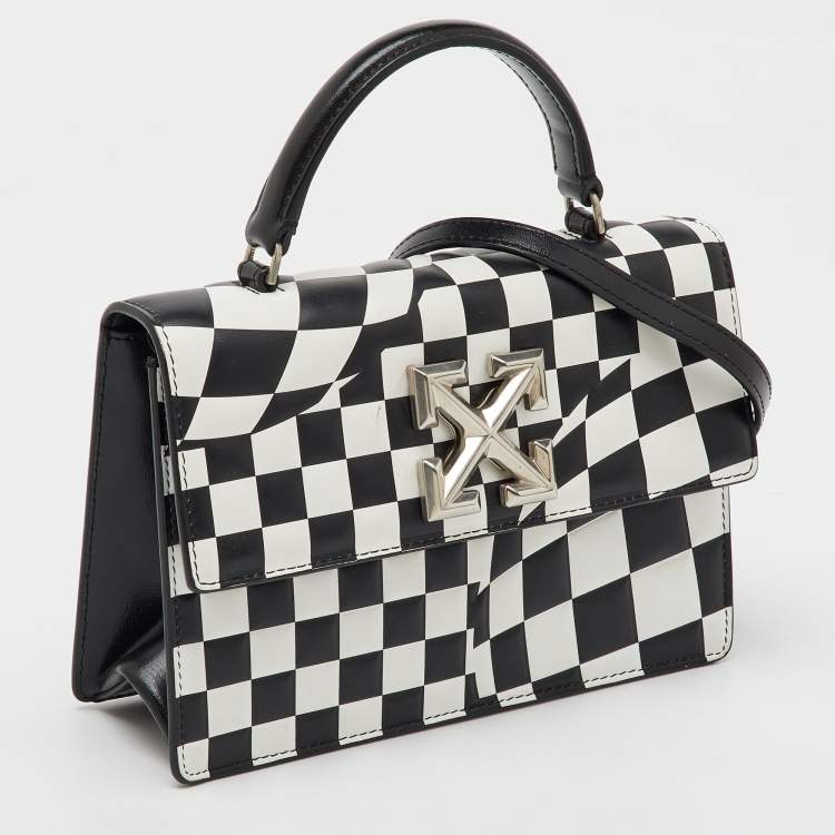 Pre Owned Off-White Black/White Check Printed Leather Jitney Top Handle Bag