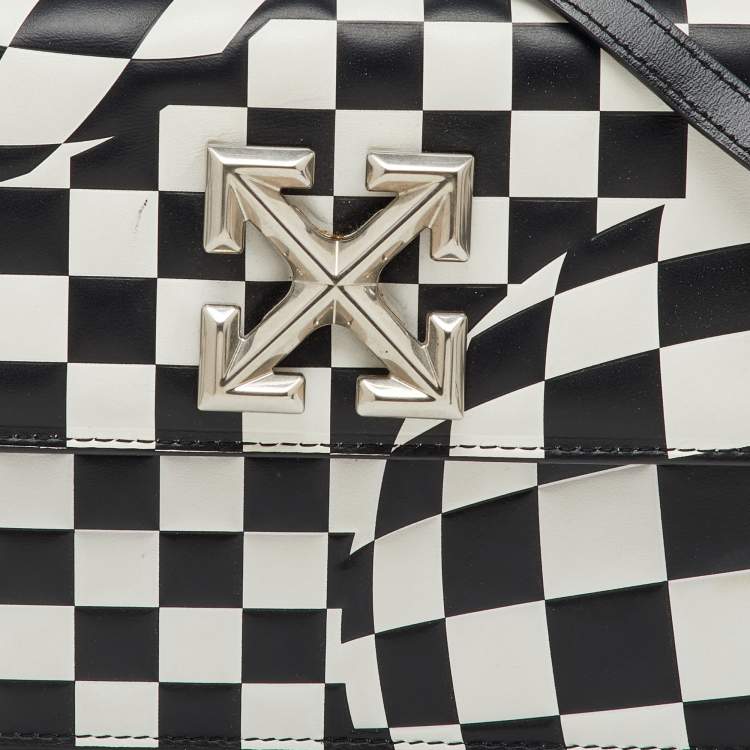 Pre Owned Off-White Black/White Check Printed Leather Jitney Top Handle Bag