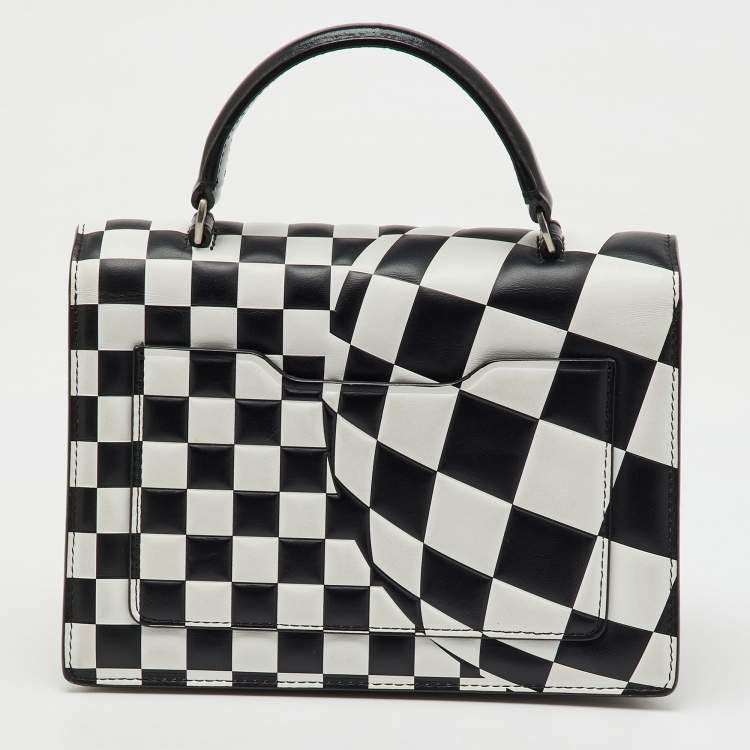 Pre Owned Off-White Black/White Check Printed Leather Jitney Top Handle Bag