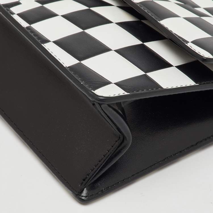 Pre Owned Off-White Black/White Check Printed Leather Jitney Top Handle Bag