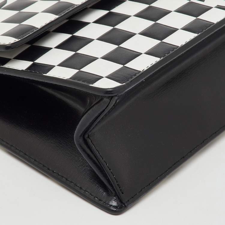 Pre Owned Off-White Black/White Check Printed Leather Jitney Top Handle Bag