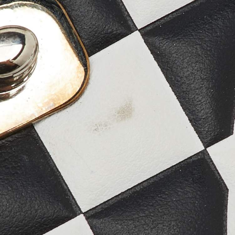 Pre Owned Off-White Black/White Check Printed Leather Jitney Top Handle Bag
