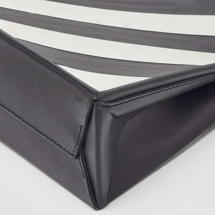 Pre Owned Off-White Black/White Leather Diagonal Striped Box Tote