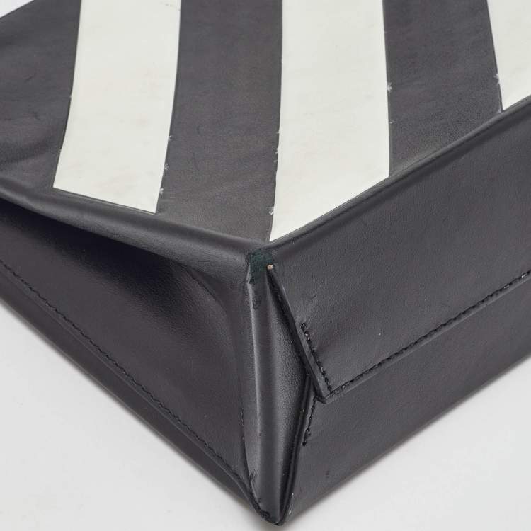 Pre Owned Off-White Black/White Leather Diagonal Striped Box Tote