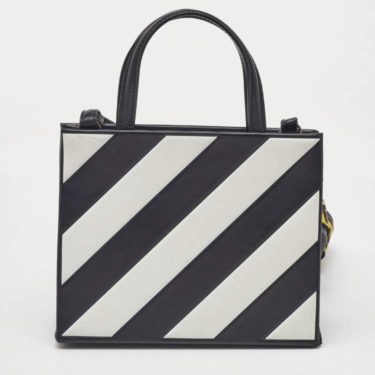 Pre Owned Off-White Black/White Leather Diagonal Striped Box Tote