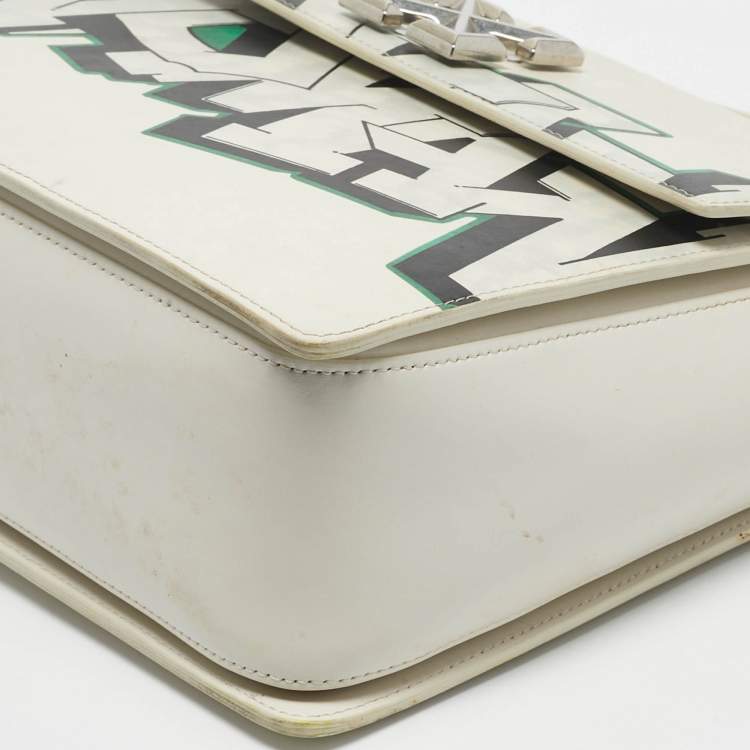 Pre Owned Off-White White Leather Graffiti 4.3 Jitney Top Handle Bag