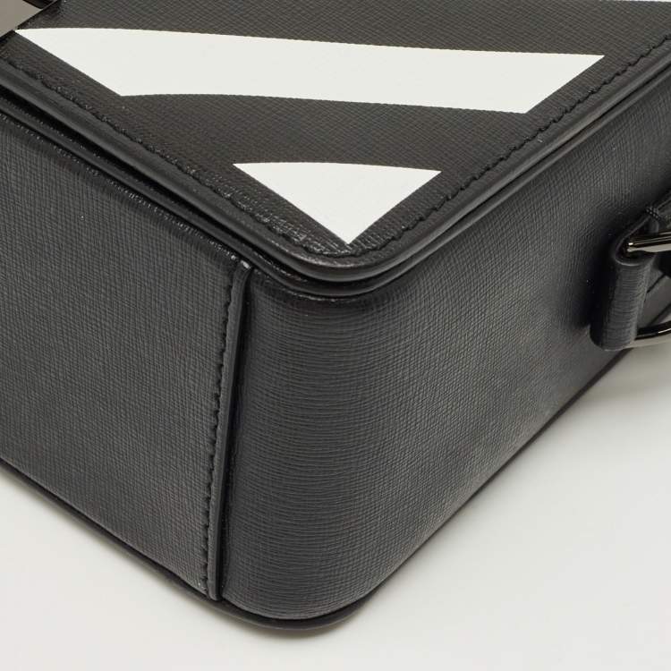 Pre Owned Off-White Black/White Diagonal Print Leather Binder Clip Crossbody Bag