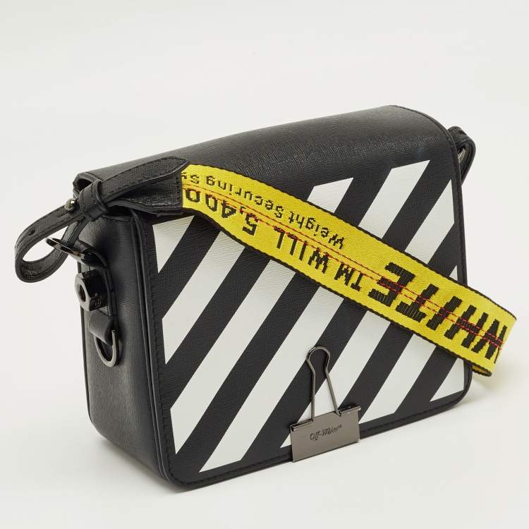 Pre Owned Off-White Black/White Diagonal Print Leather Binder Clip Crossbody Bag