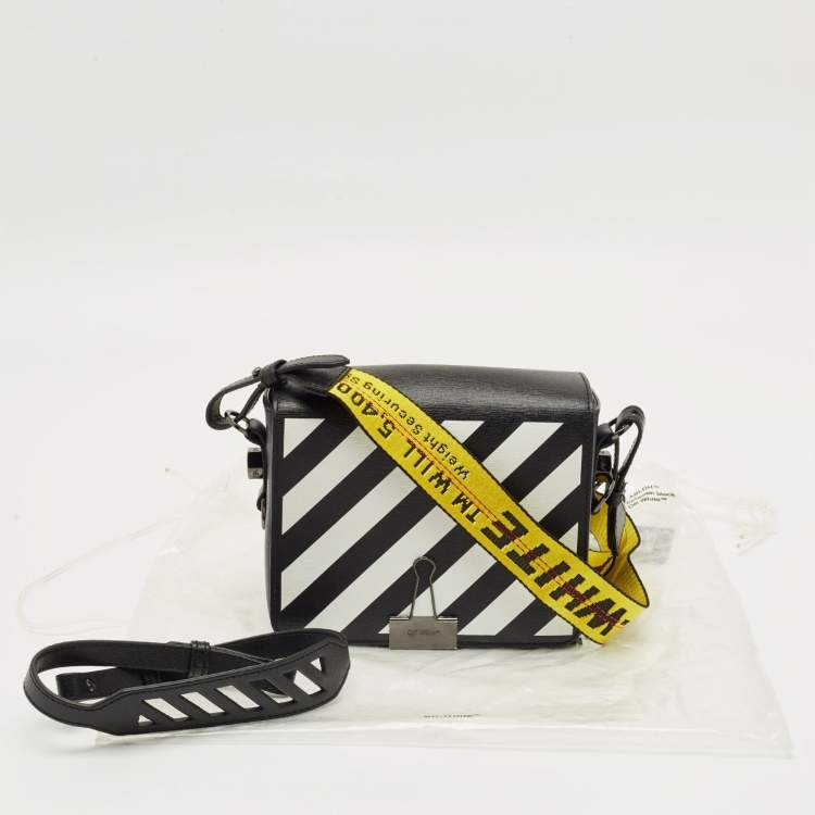 Pre Owned Off-White Black/White Diagonal Print Leather Binder Clip Crossbody Bag