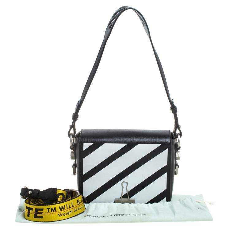 Pre Owned Off-White Black/White Diagonal Print Leather Binder Clip Crossbody Bag