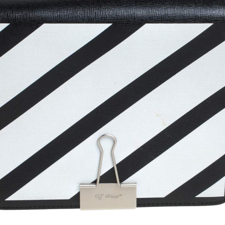 Pre Owned Off-White Black/White Diagonal Print Leather Binder Clip Crossbody Bag